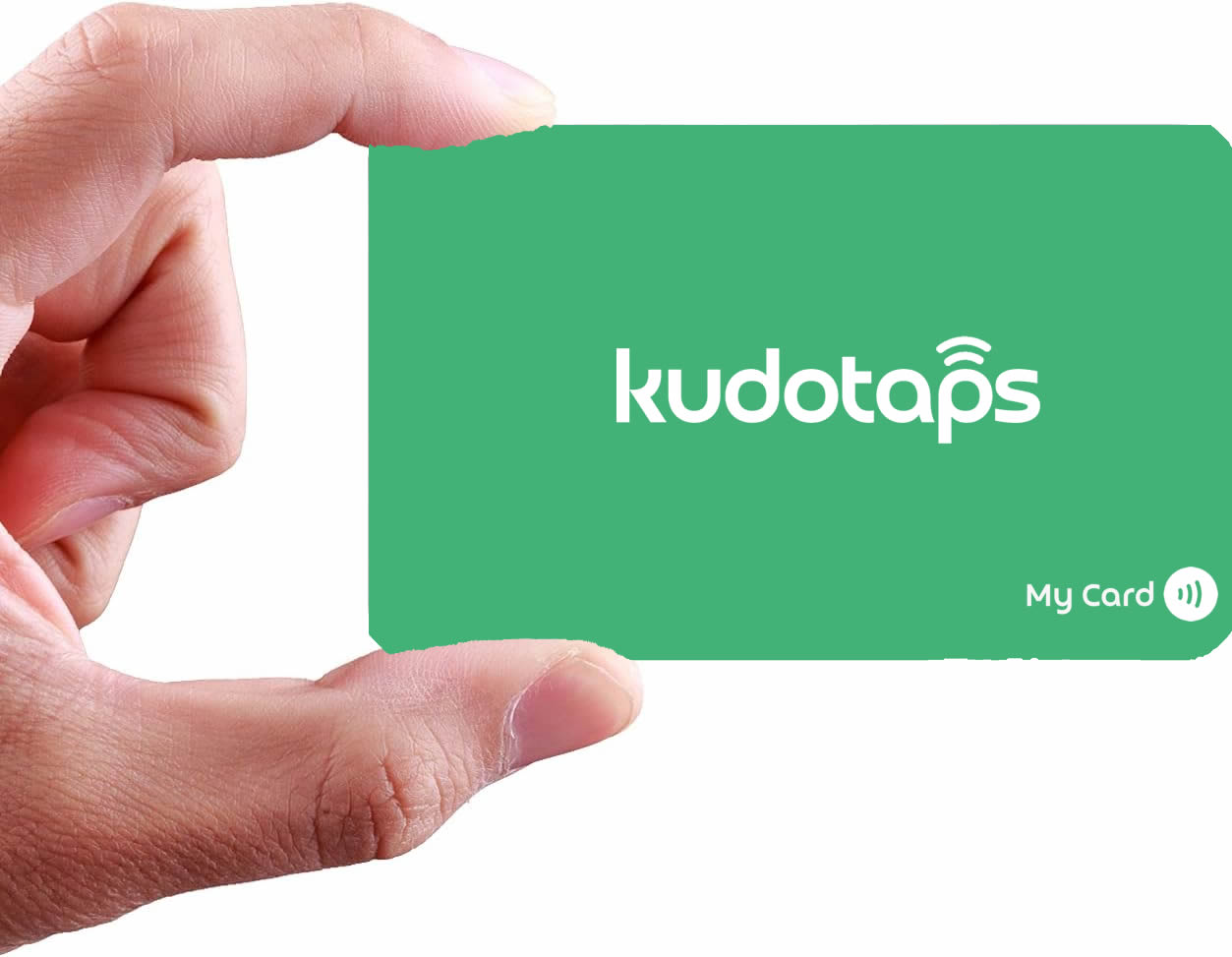 A hand holding a green KudoTaps Digital Business Card