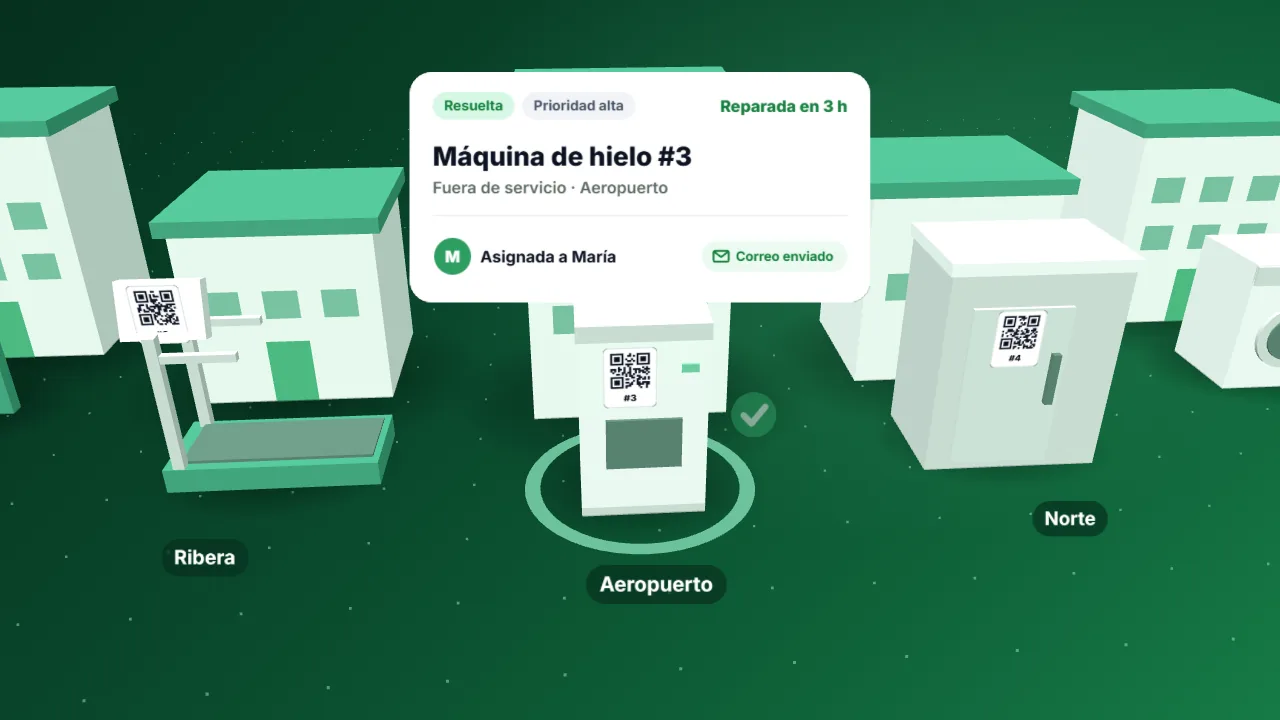 Ejemplo de solicitud de mantenimiento: Máquina de hielo #3 en la sucursal Aeropuerto, fuera de servicio, asignada a María y reparada en 3 horas
