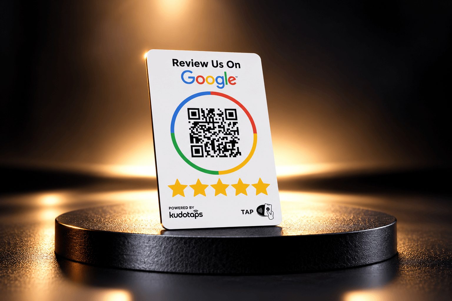 The NFC Review Card standing on a dark display podium