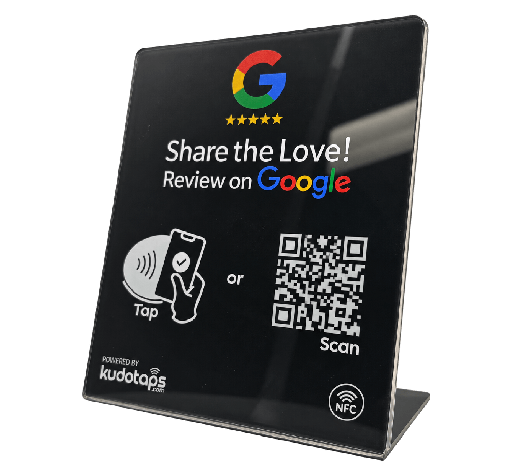 Black KudoTaps Google review stand with tap and scan options